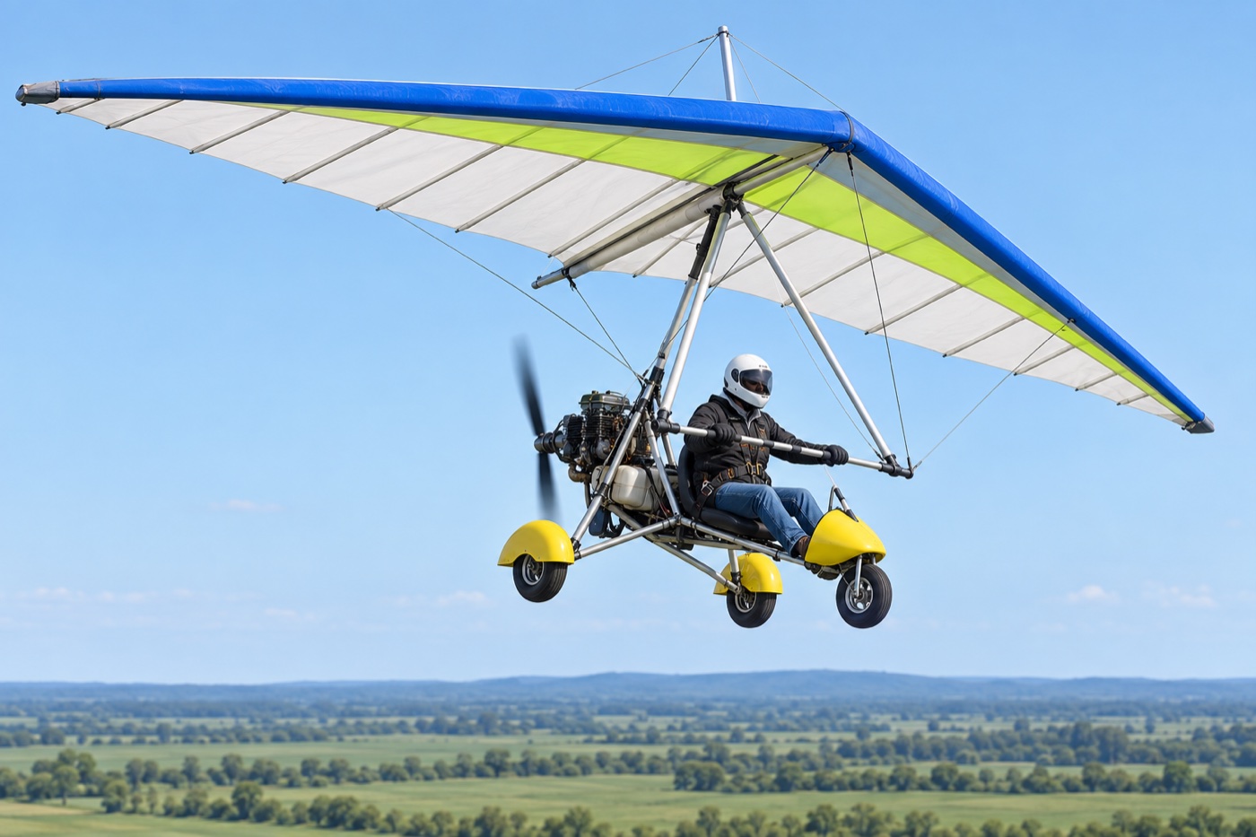 Single-seat weight-shift trike with a delta wing and control bar.