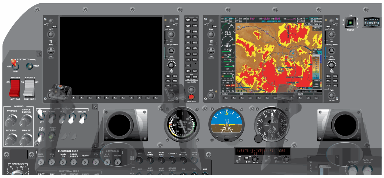 Aircraft multi-function display panel with engine, navigation, weather, and standby instruments.