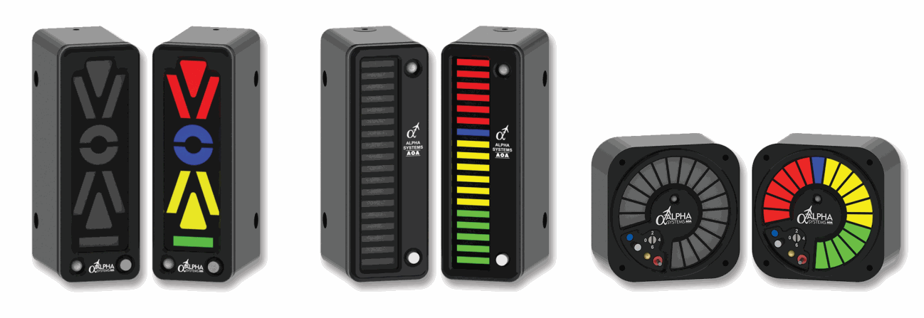 Five visual angle-of-attack display styles using colored chevrons, bars, or dial sectors.