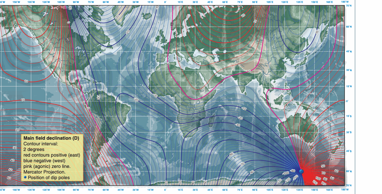 North American chart with curved isogonic lines and a zero-variation agonic line.