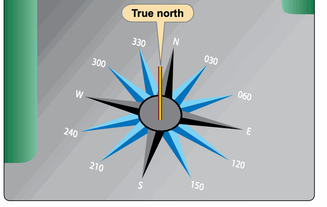 Compass rose aligned to true north with headings marked around the circle.